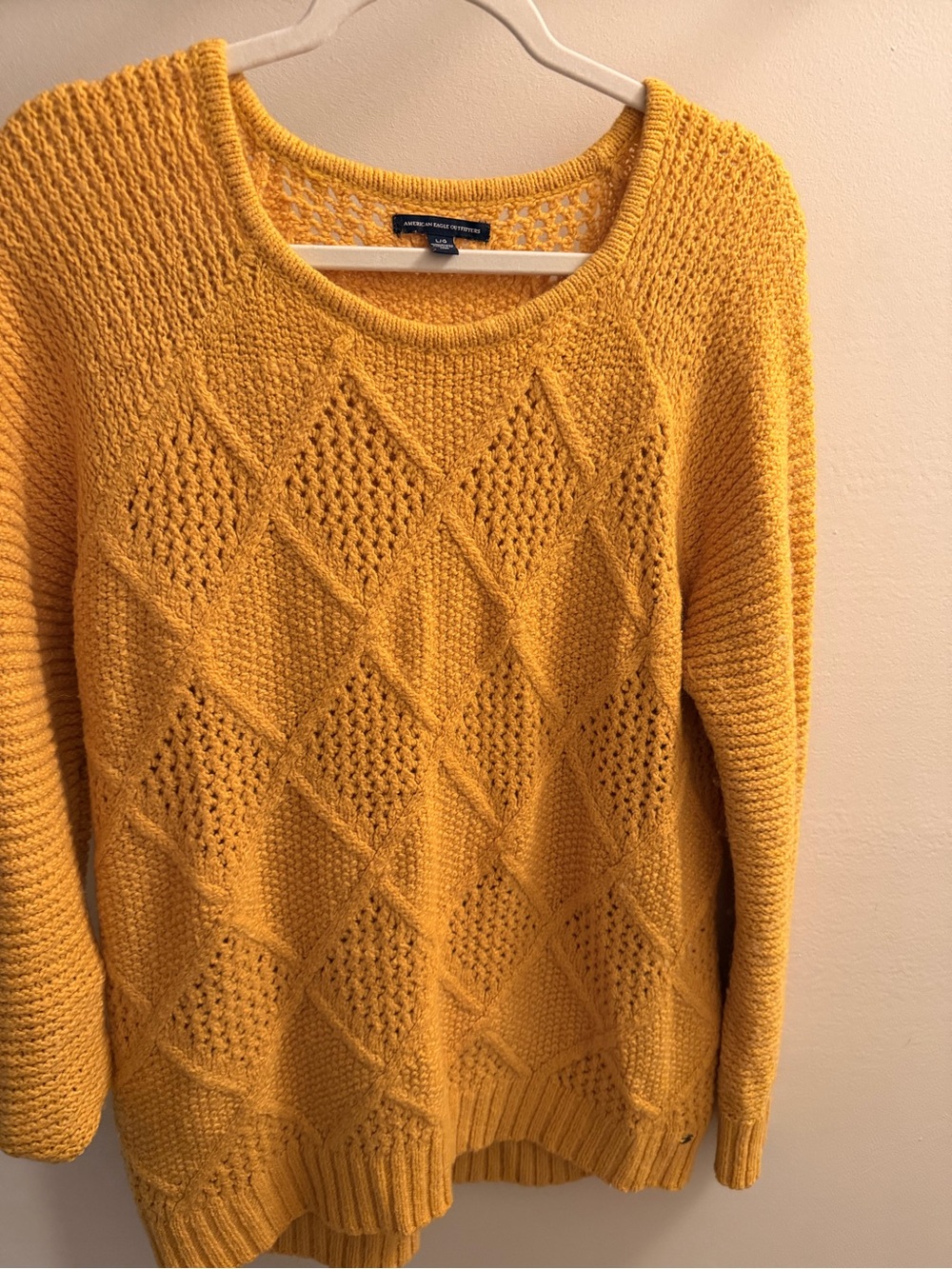 American Eagle Outfitters Golden Yellow Diamond Pointelle Crewneck Sweater